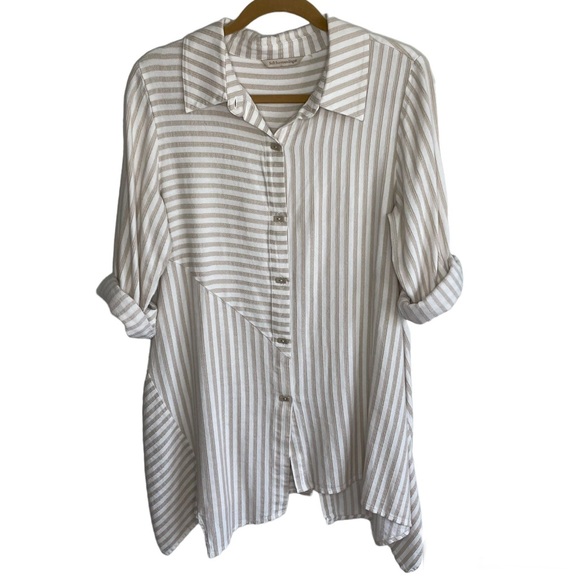 Soft Surroundings Tan & White Striped Button Down Long Sleeve Standout Tunic Top - Picture 2 of 8